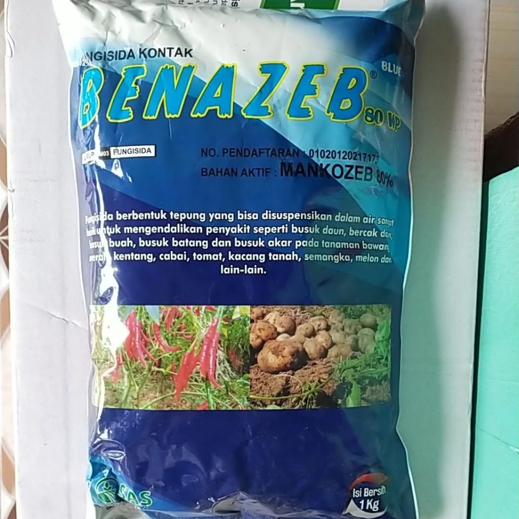 Mankozeb biru Benazeb Blue 80 WP 500gr / 1 kg, Fungisida kontak untuk mengendalikan penyakit Bercak daun dan antraknosa pada tanaman cabai, Busuk daun pada bawang merah dan kentang